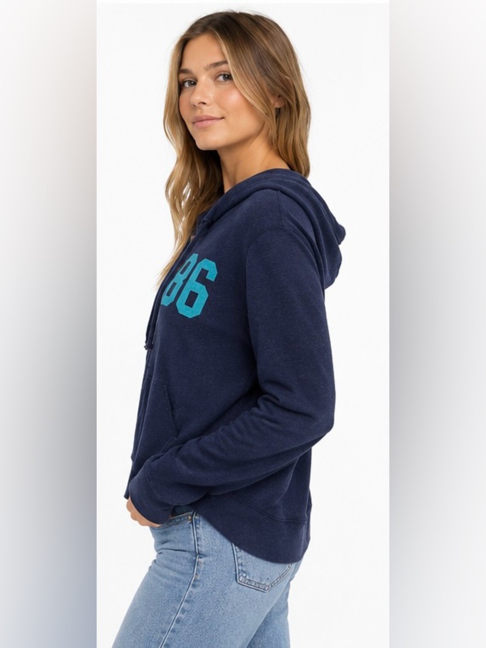 Vintage Victoria's Secret Heathered Navy Zip-Up Hoodie with Teal '86' Accent